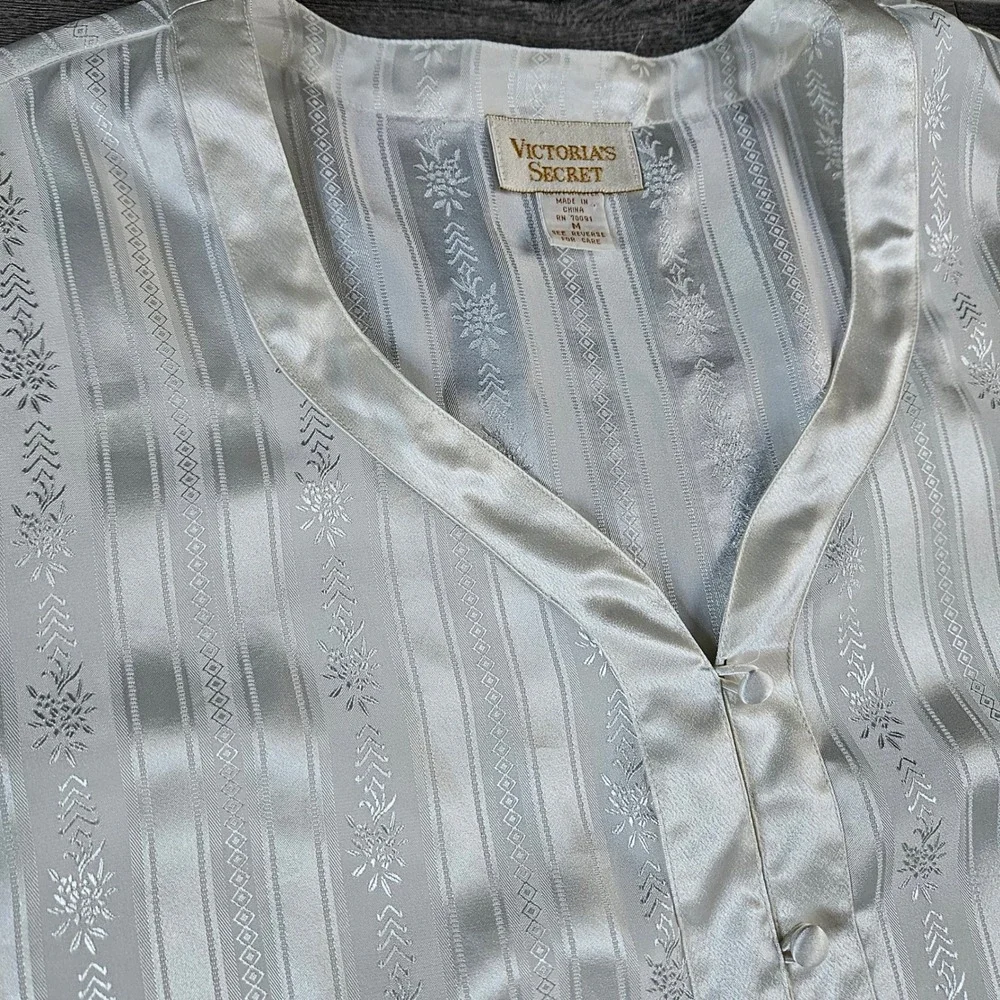 Vintage Victorias Secret Gold Label Pajama 2 Pc Set Ivory Satin Floral Stripe M - Picture 5 of 14